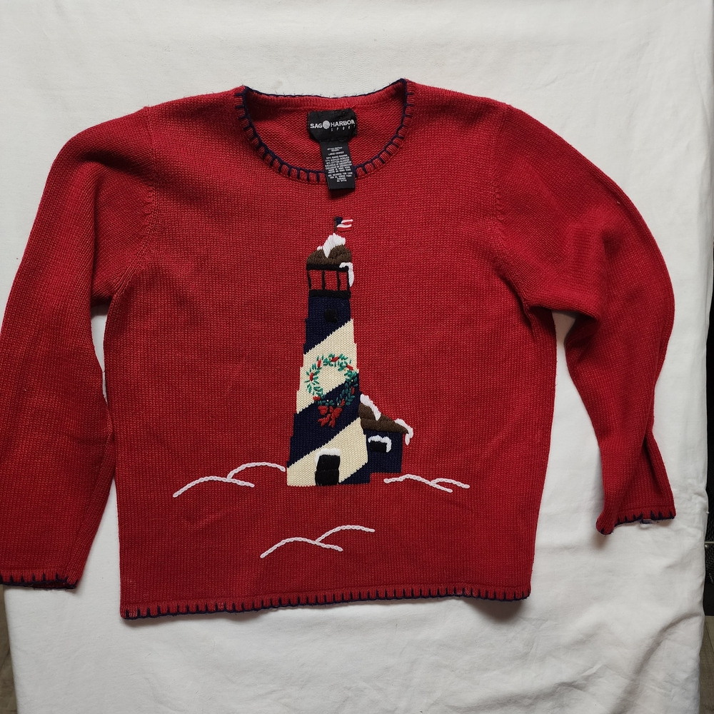 Red Sweater Lighthouse Christmas Wreath Theme